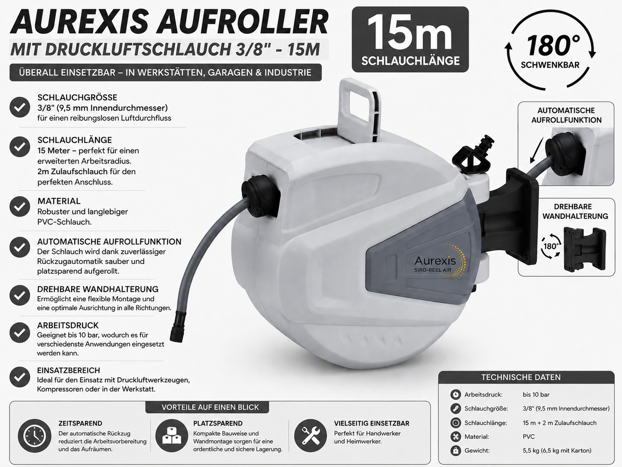 Aurexis Aufroller mit Druckluftschlauch 3/8"-15m