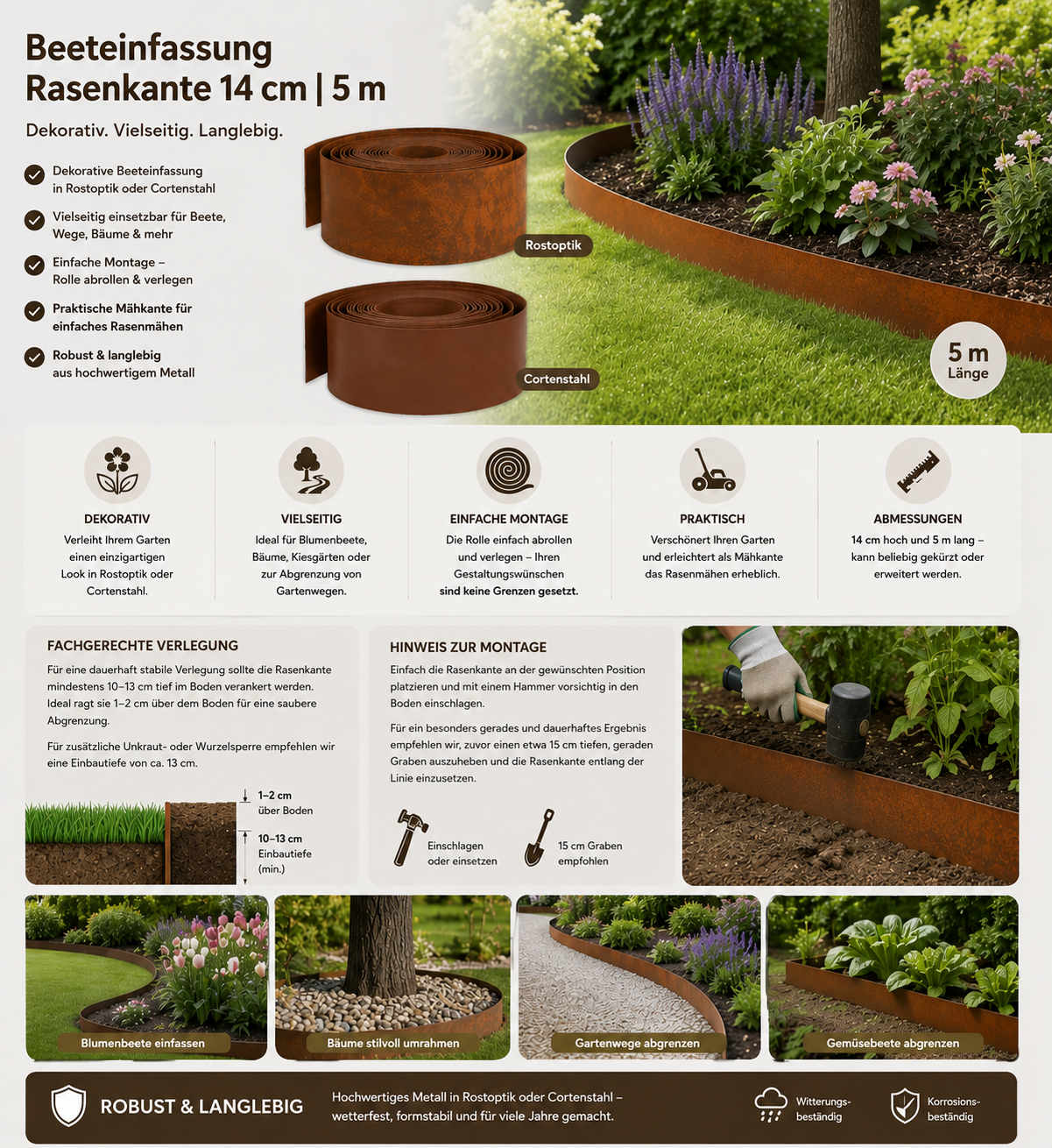AUREXIS Beeteinfassung 5m Rasenkante Rostoptik 14cm Höhe