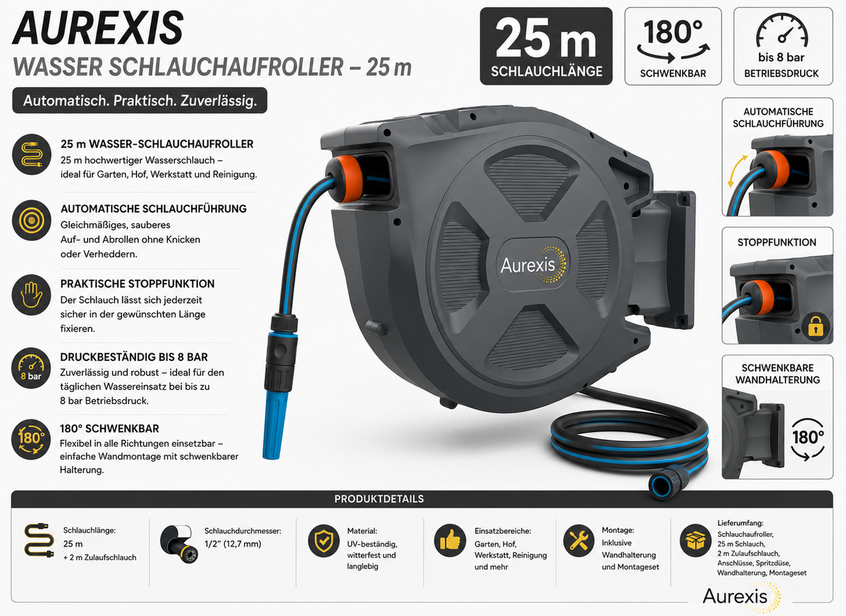 Aurexis Aufroller mit Wasserschlauch 1/2"-25m