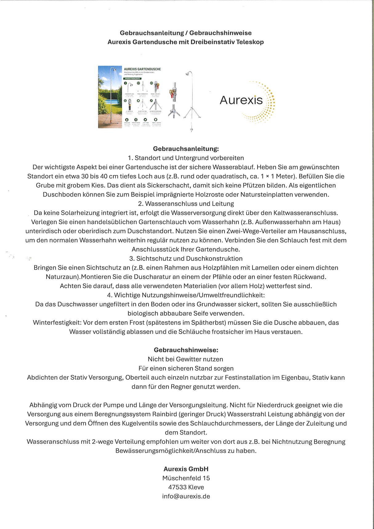 Aurexis Gartendusche Aluminium, bis 230cm total, mit MS-Kugelventil