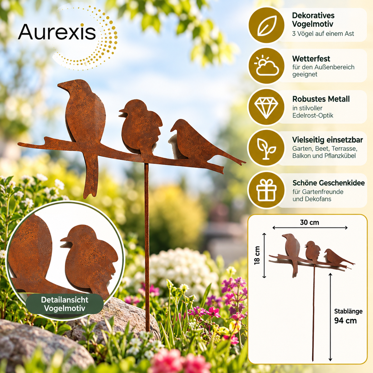 Aurexis Dekostecker Rostoptik 3 Vögel