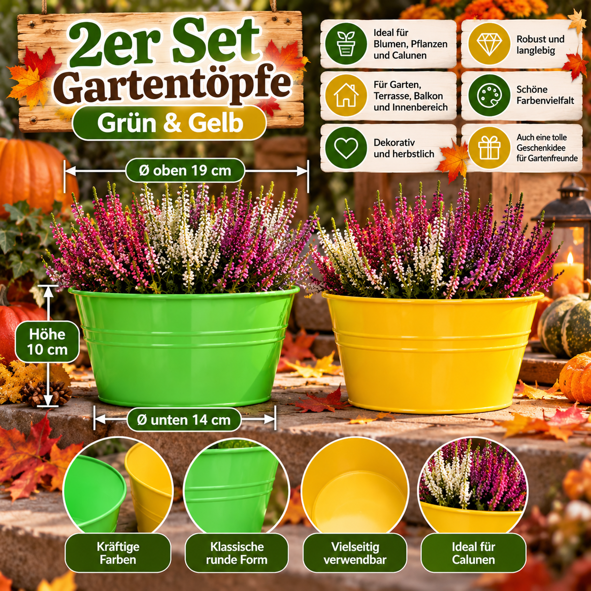 2er Set Pflanztöpfe Grün Gelb Ø19cm Blumentopf Gartentopf Garten Terrasse