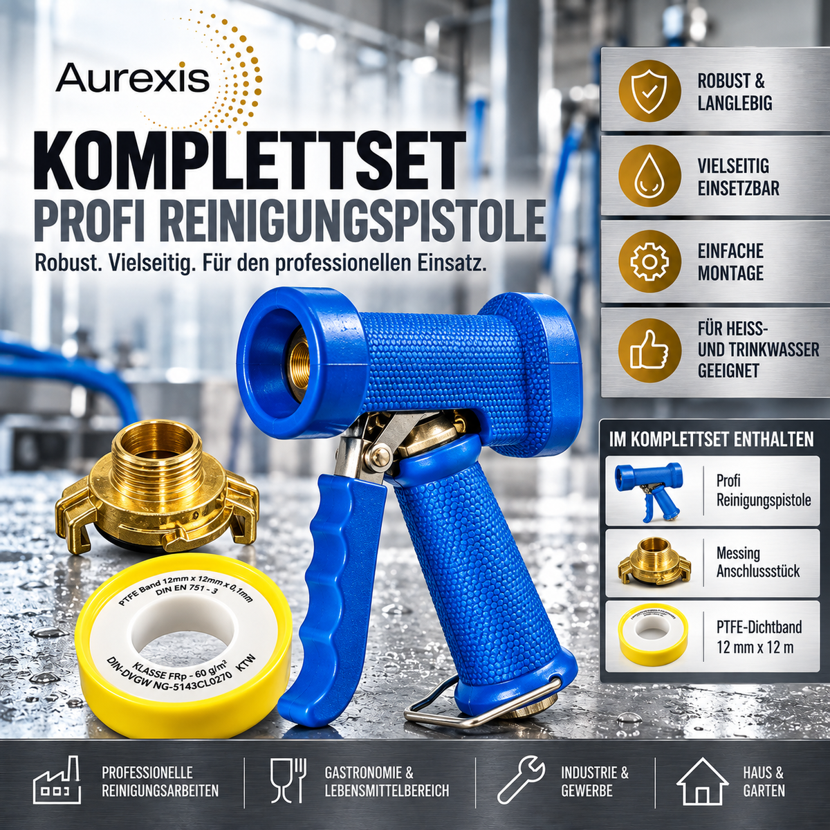 Aurexis Profi Reinigungspistole 1/2" IG Set + Messing Kupplung AG + PTFE Band