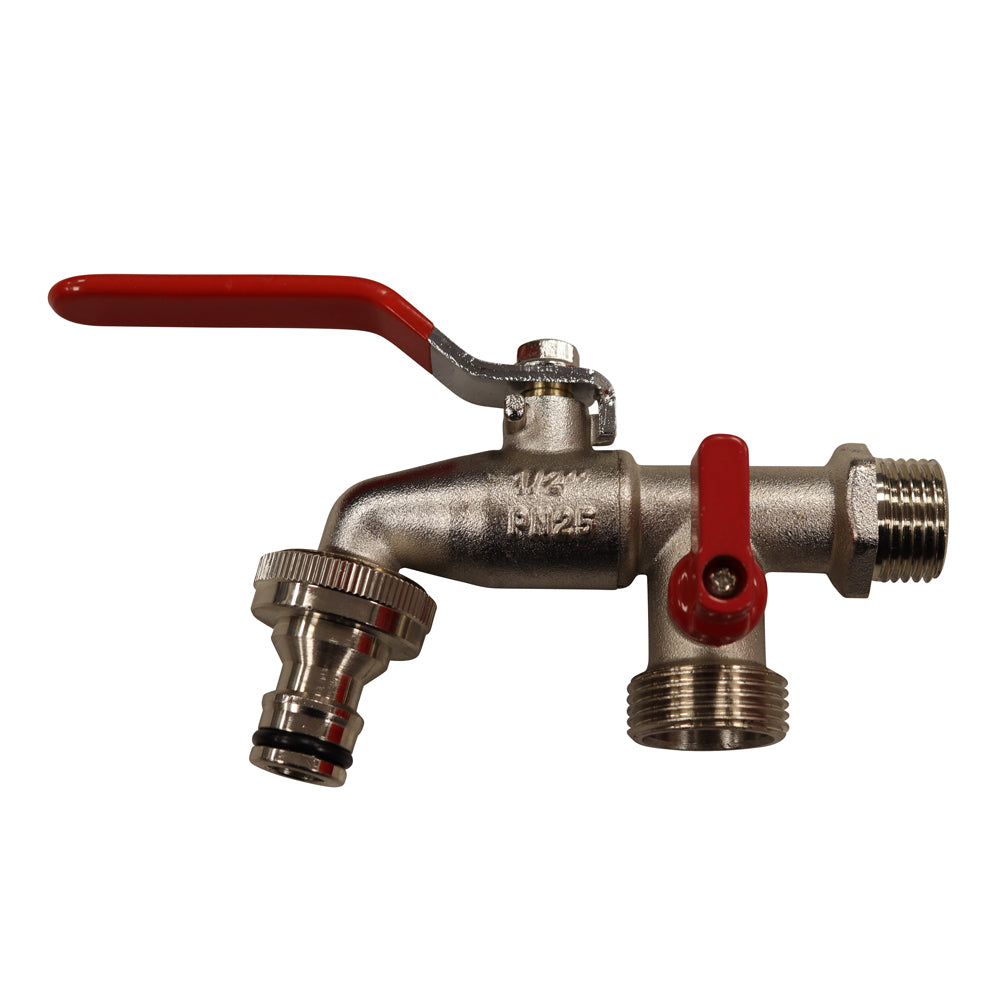 Duo Doppelanschluss Messing Wasserhahn 1/2" Zapfventil 3/4", Kugelauslaufhahn mit 2 Abgängen