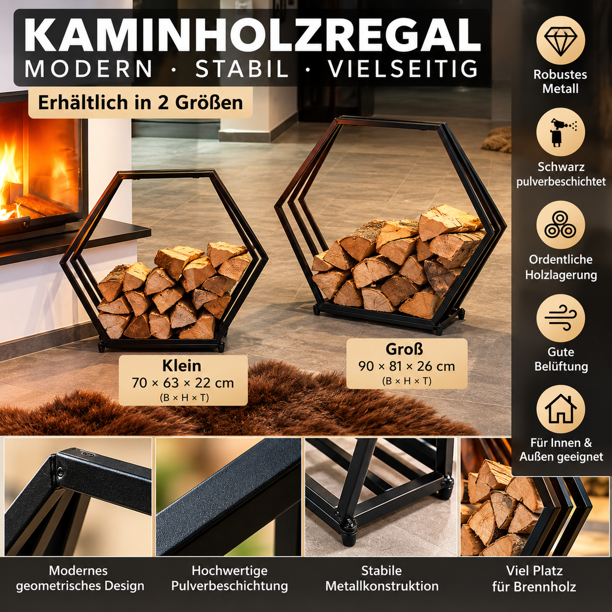 Aurexis Holzhalter 6 ecking schwarz groß oder klein