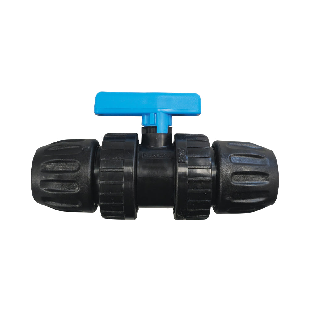 PP-Kugelventil mit 2 Klemmverschraubungen (20–32 mm)