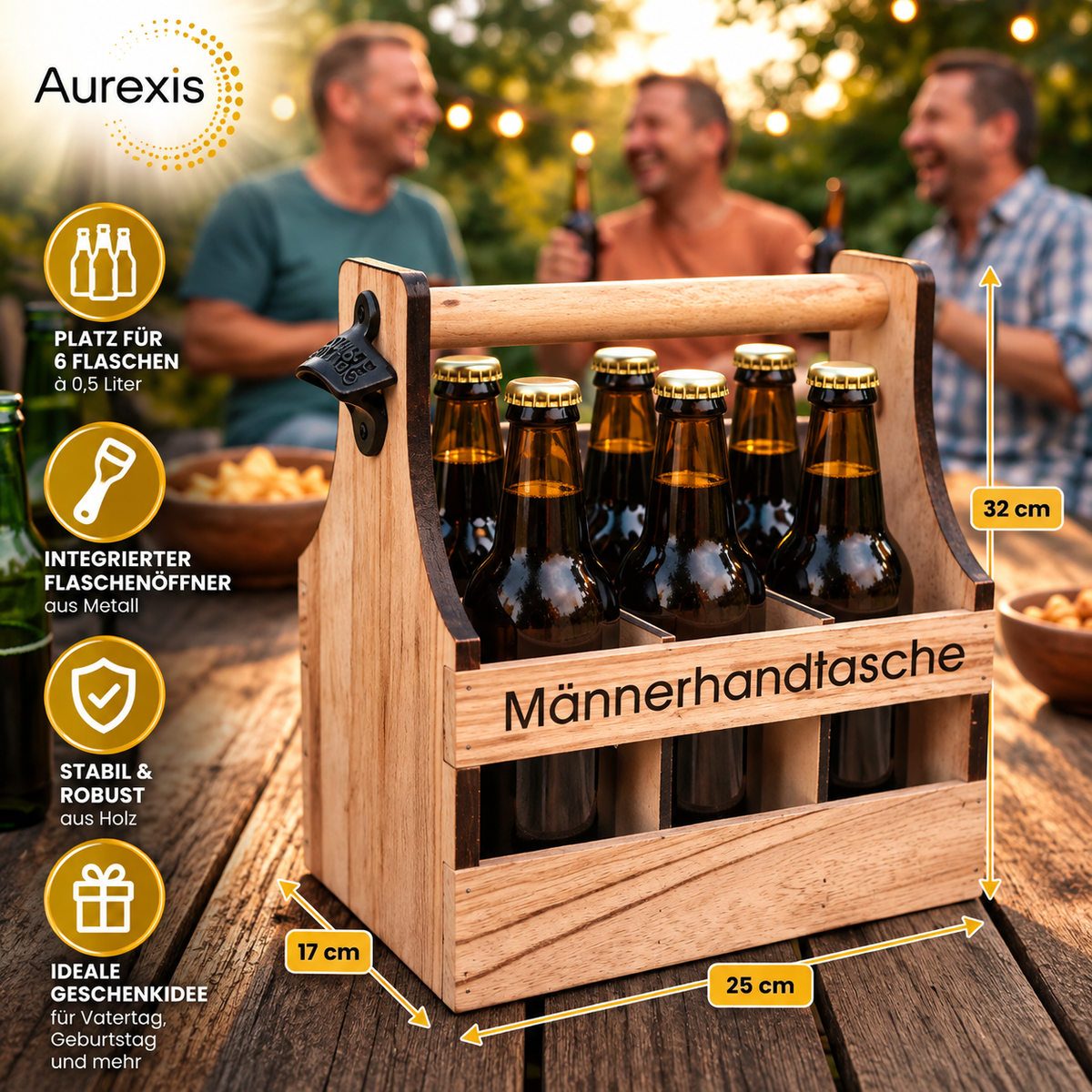 Aurexis Männerhandtasche Bier Flaschenträger 6 Flaschen Holz Flaschenhalter