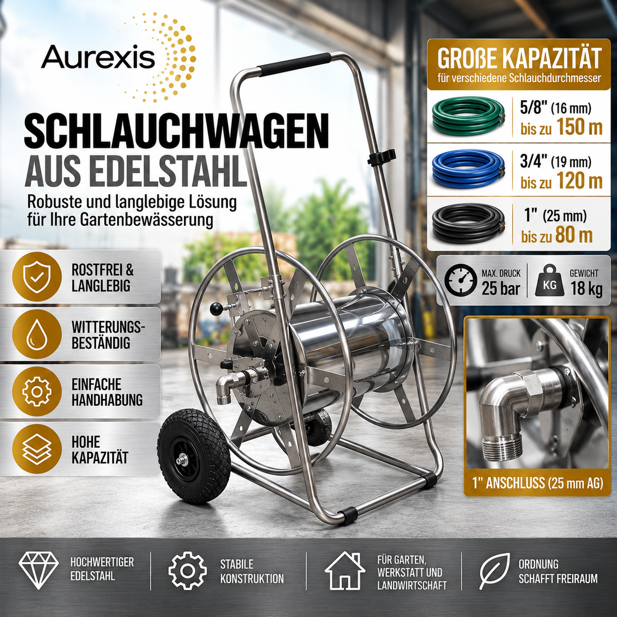 Aurexis Edelstahl Schauchwagen 1" Anschluss