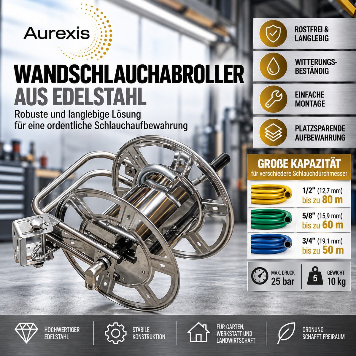 Aurexis Wandschlauchabroller Edelstahl 3/4"
