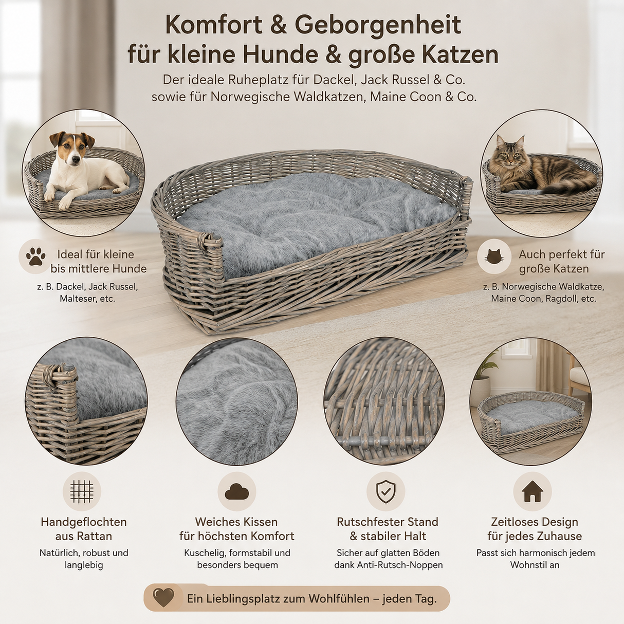 AUREXIS Hundekorb Haustierkorb grau washed mit Kissen mittel Hunde Schlafplatz
