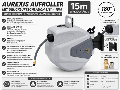 Aurexis Aufroller mit Druckluftschlauch 3/8"-15m