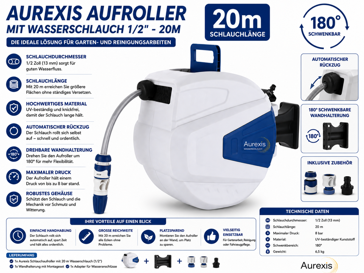 Aurexis Aufroller mit Wasserschlauch 1/2"-20m