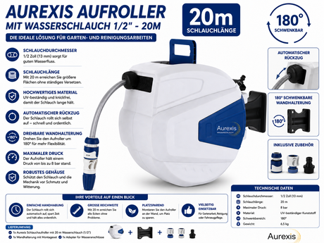 Aurexis Aufroller mit Wasserschlauch 1/2"-20m
