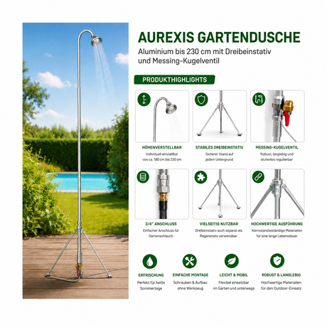 Aurexis Gartendusche Aluminium, bis 230cm total, mit MS-Kugelventil