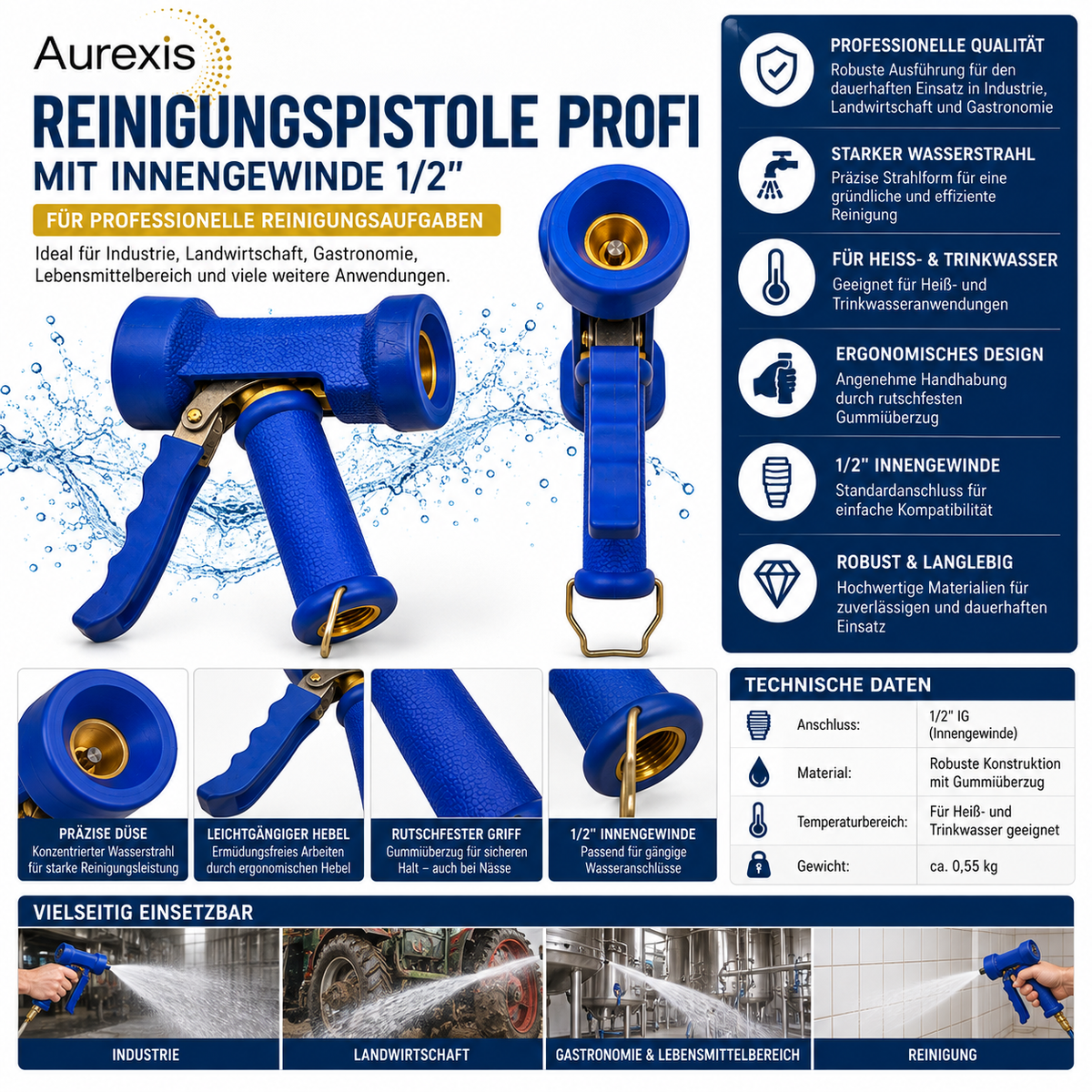 Aurexis Profi Reinigungspistole 1/2" IG Set + Messing Kupplung AG + PTFE Band