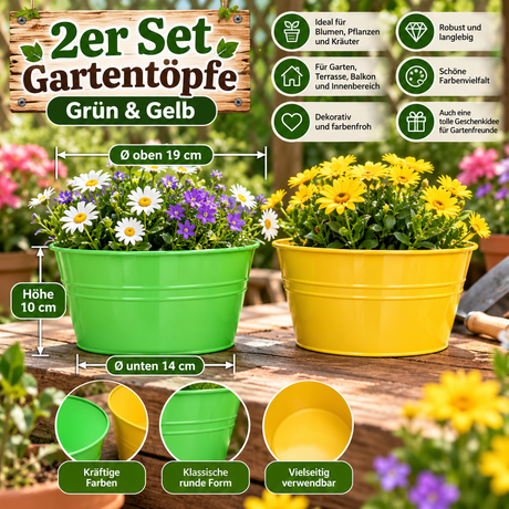 2er Set Pflanztöpfe Grün Gelb Ø19cm Blumentopf Gartentopf Garten Terrasse