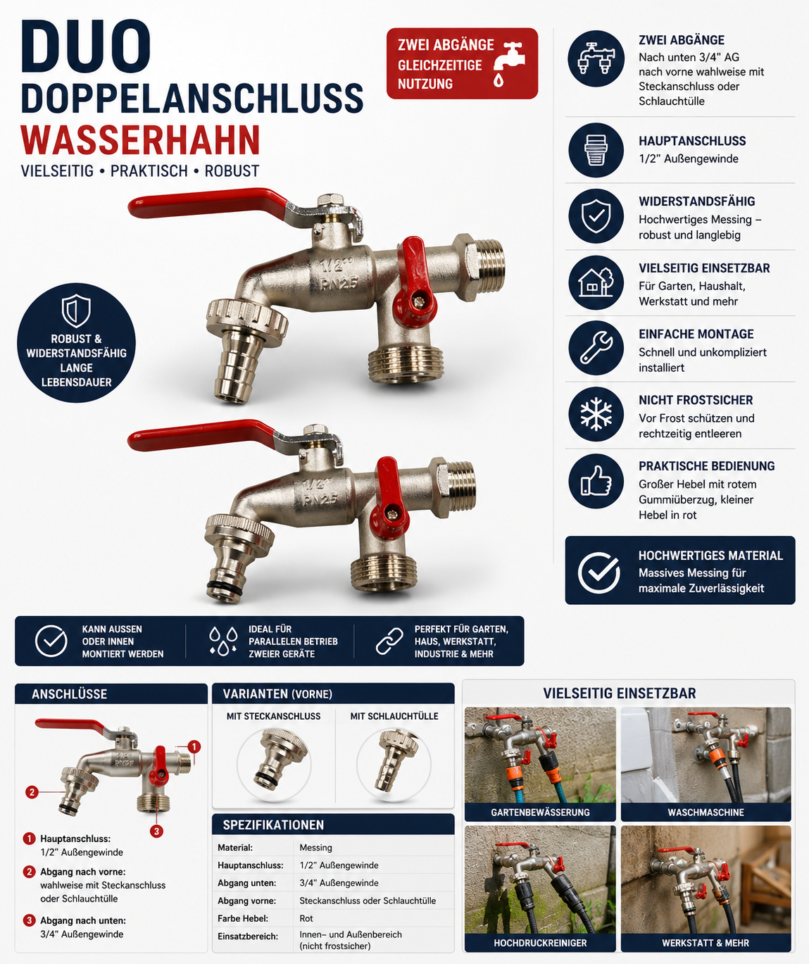 Duo Doppelanschluss Messing Wasserhahn 1/2" Zapfventil 3/4", Kugelauslaufhahn mit 2 Abgängen
