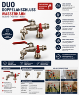 Duo Doppelanschluss Messing Wasserhahn 1/2" Zapfventil 3/4", Kugelauslaufhahn mit 2 Abgängen