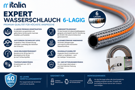 EXPERT Premium Wasserschlauch 6-lagig bis 50bar 25m o. 50m Rolle v. rr italia