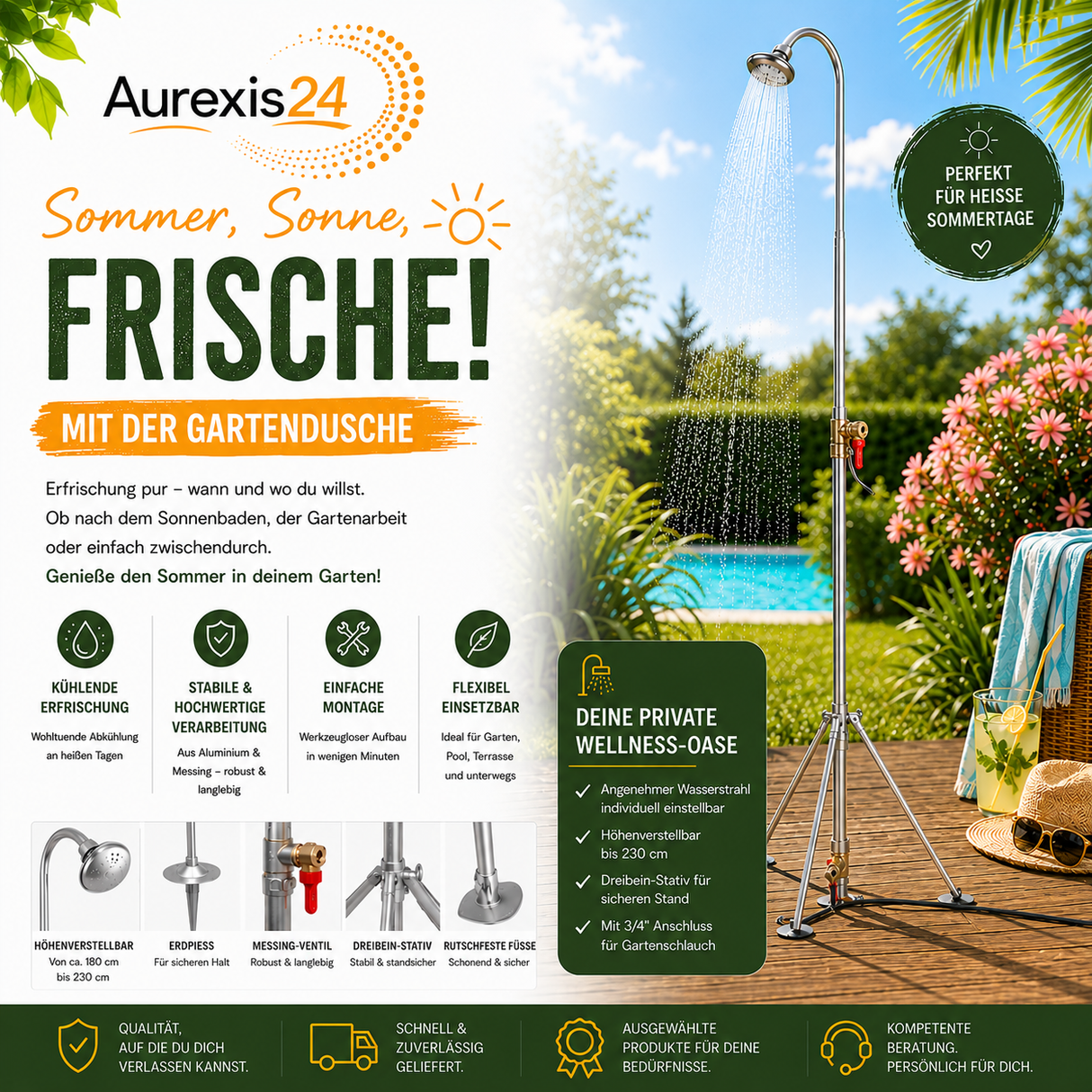 Aurexis Gartendusche Aluminium, bis 230cm total, mit MS-Kugelventil