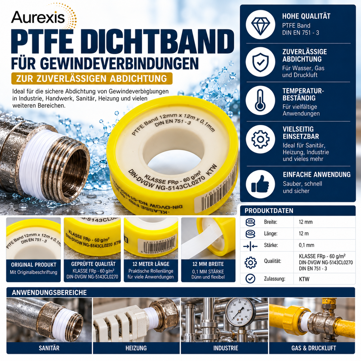 Aurexis Profi Reinigungspistole 1/2" IG Set + Messing Kupplung AG + PTFE Band