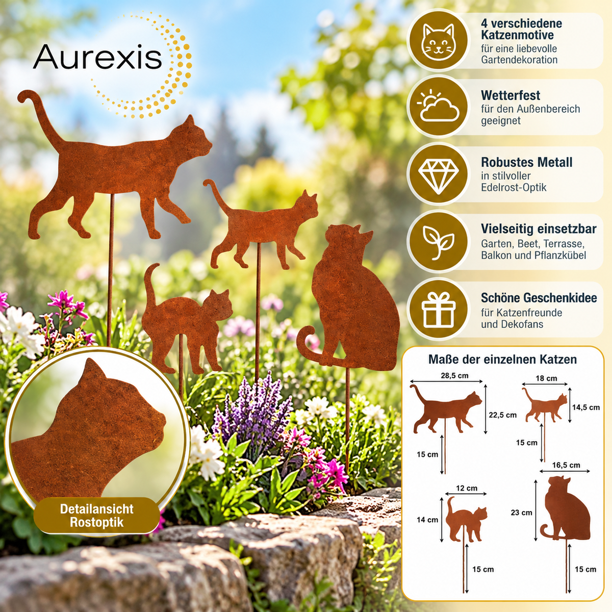 Aurexis Dekostecker Rost Katzen 4er Set