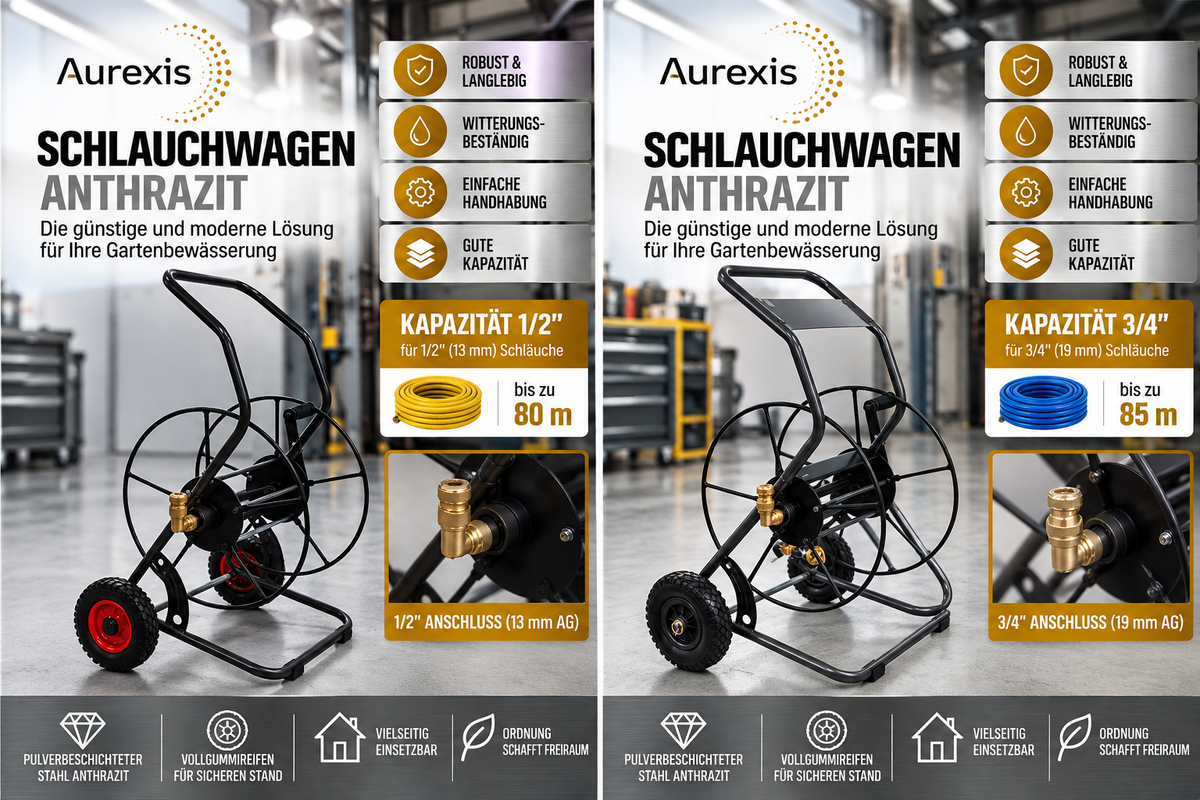 Aurexis Stahl anthrazit Schlauchwagen 1/2" oder 3/4" Anschluss