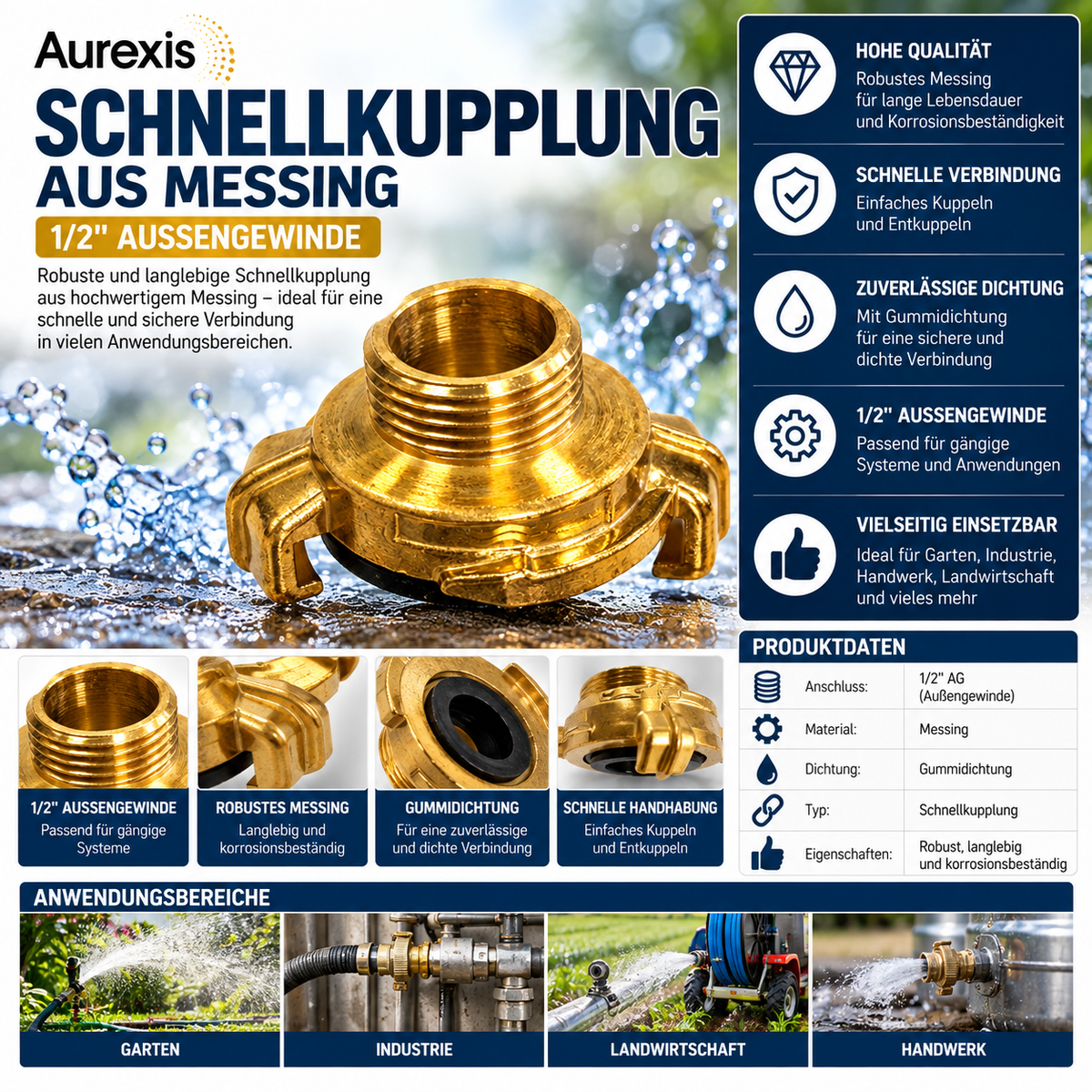 Aurexis Profi Reinigungspistole 1/2" IG Set + Messing Kupplung AG + PTFE Band