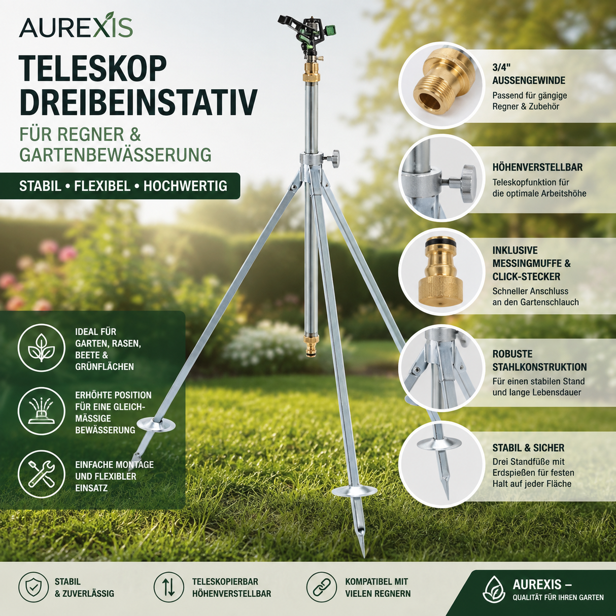 Dreibein-Stativ (Teleskop) 3/4" AG, mit MS-Muffe, Click-Stecker
