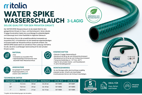 WATER SPIKE Hobby Wasserschlauch 3-lagig 1/2"-1" 25m o. 50m Rolle v. rr italia