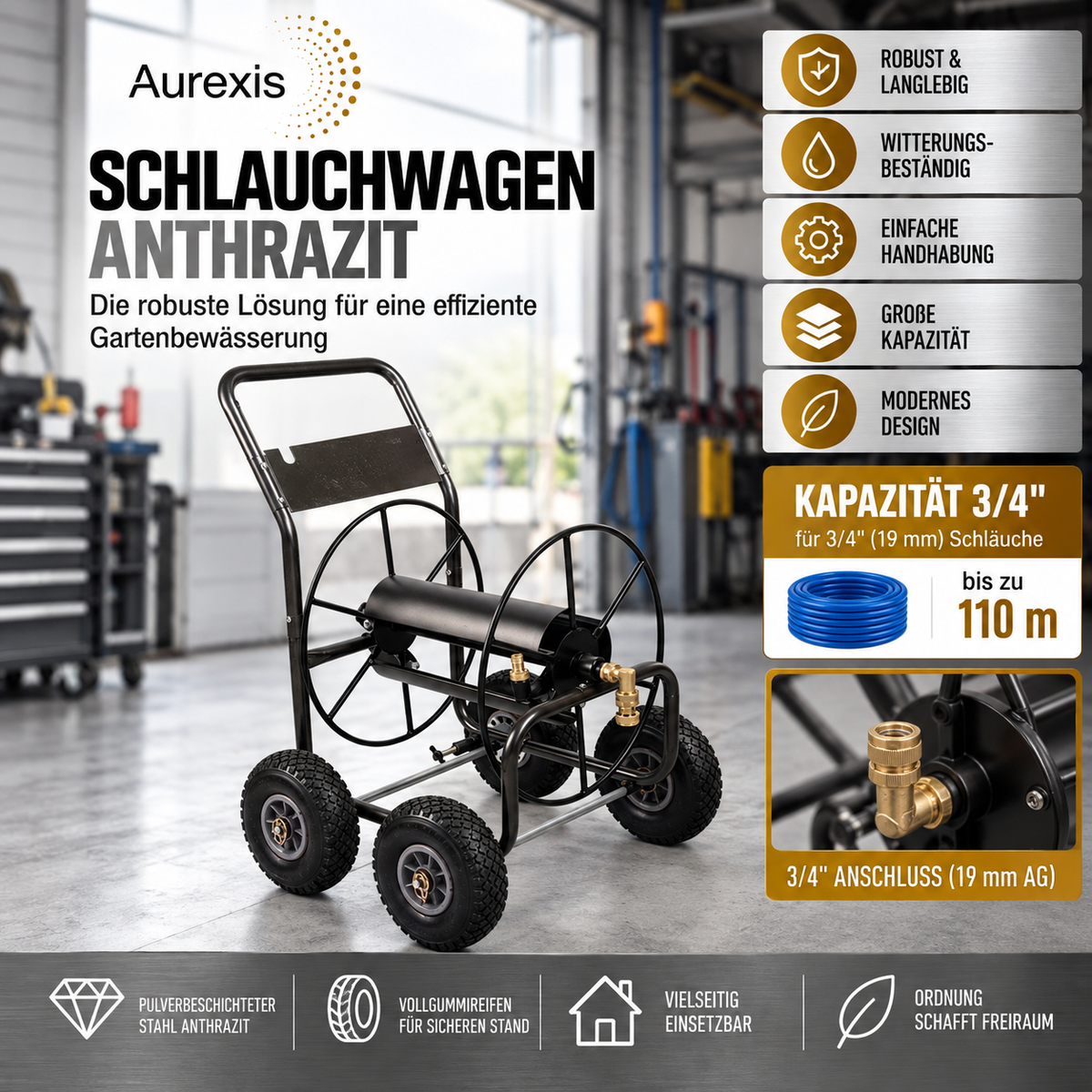 Aurexis Stahl anthrazit 4-rädriger Schlauchwagen 3/4" Anschluss